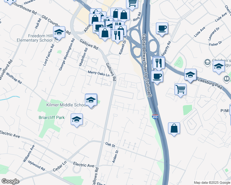 map of restaurants, bars, coffee shops, grocery stores, and more near 2033 Gallows Road in Vienna