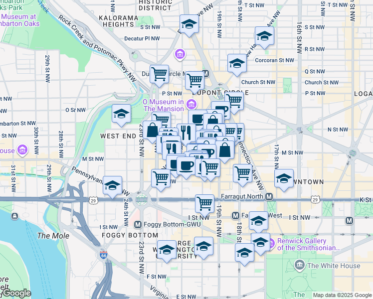 map of restaurants, bars, coffee shops, grocery stores, and more near 2033 M Street Northwest in Washington