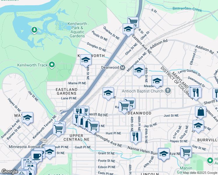 map of restaurants, bars, coffee shops, grocery stores, and more near 1136 45th Street Northeast in Washington