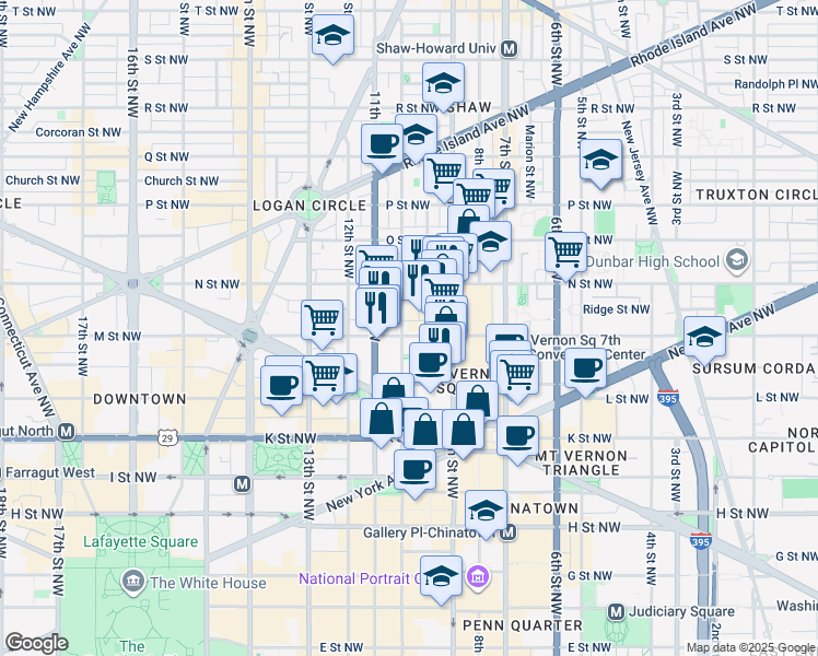 map of restaurants, bars, coffee shops, grocery stores, and more near 941 M Street Northwest in Washington