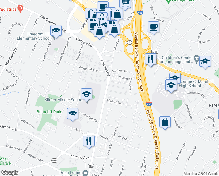 map of restaurants, bars, coffee shops, grocery stores, and more near 2033 Gallows Road in Vienna