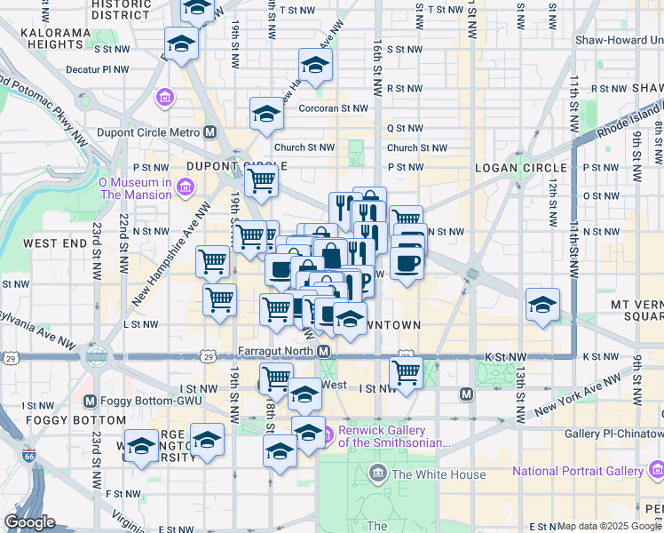 map of restaurants, bars, coffee shops, grocery stores, and more near 1200 17th Street Northwest in Washington