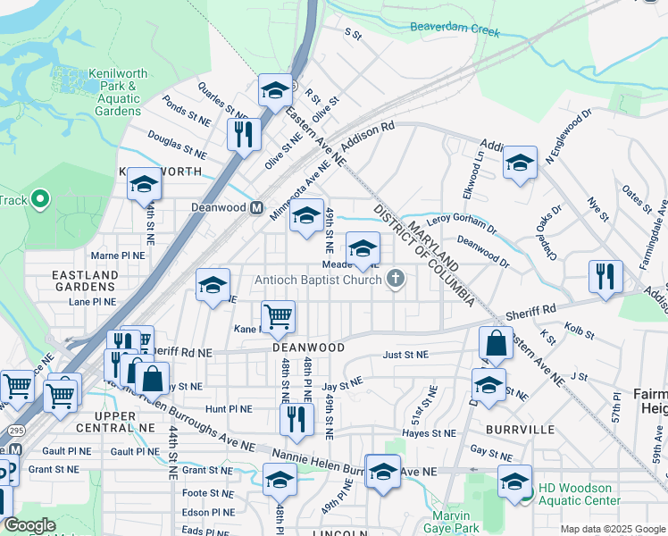 map of restaurants, bars, coffee shops, grocery stores, and more near 4911 Meade Street Northeast in Washington
