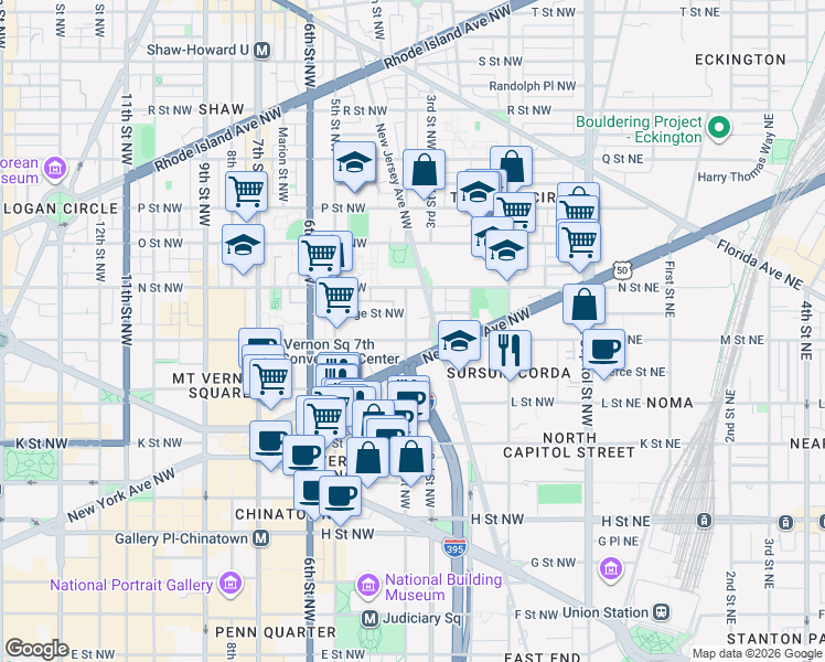 map of restaurants, bars, coffee shops, grocery stores, and more near 101 Independence Avenue Southeast in Washington