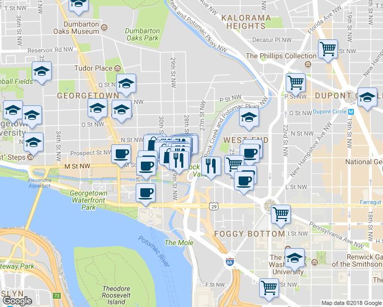 map of restaurants, bars, coffee shops, grocery stores, and more near 2728 Olive Street Northwest in Washington