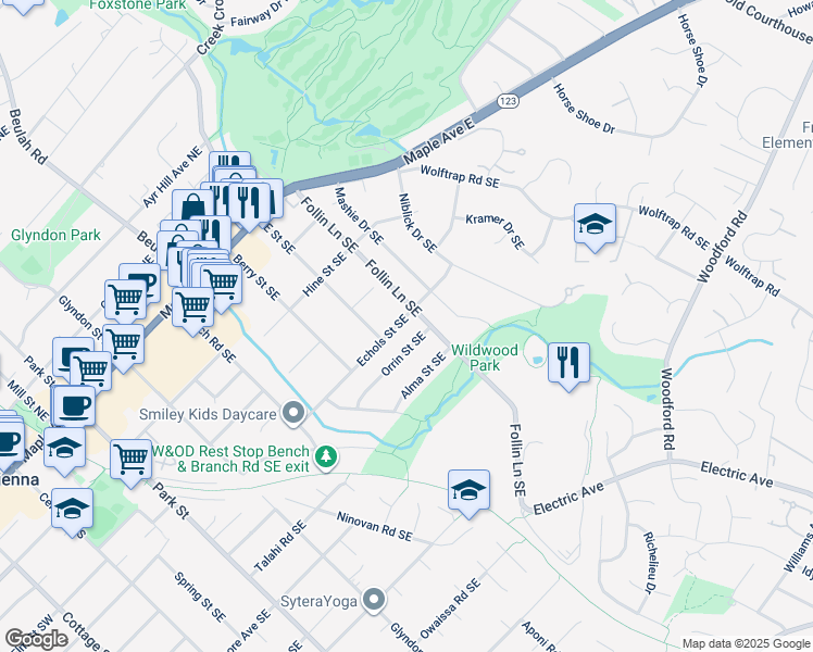 map of restaurants, bars, coffee shops, grocery stores, and more near 623 Echols Street Southeast in Vienna