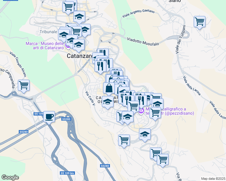 map of restaurants, bars, coffee shops, grocery stores, and more near 151-159 Corso Giuseppe Mazzini in Catanzaro