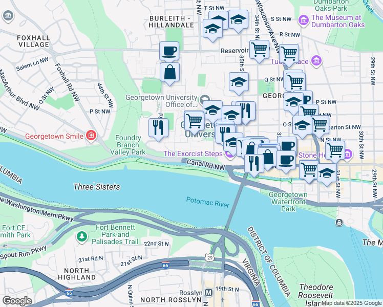 map of restaurants, bars, coffee shops, grocery stores, and more near Prospect Street in Washington