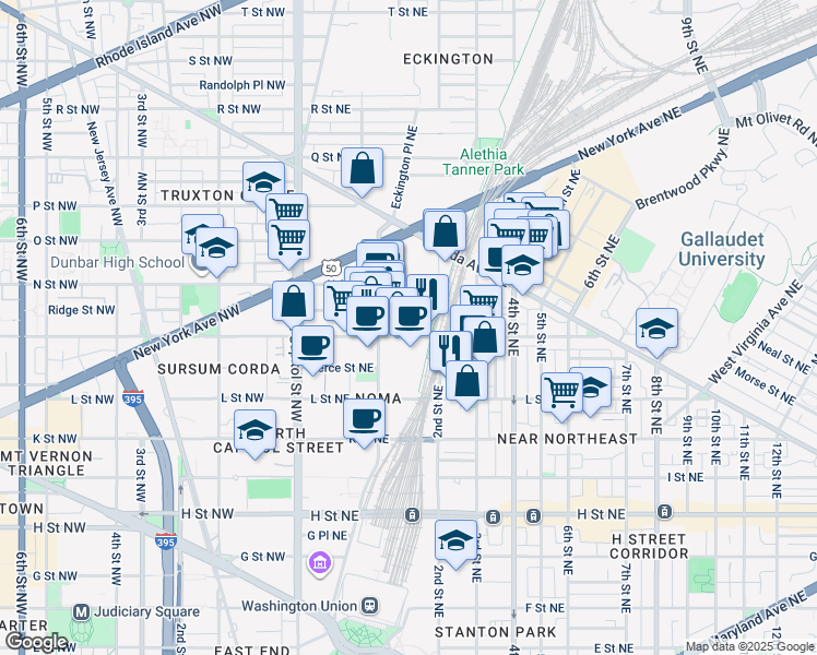 map of restaurants, bars, coffee shops, grocery stores, and more near 130 M Street Northeast in Washington