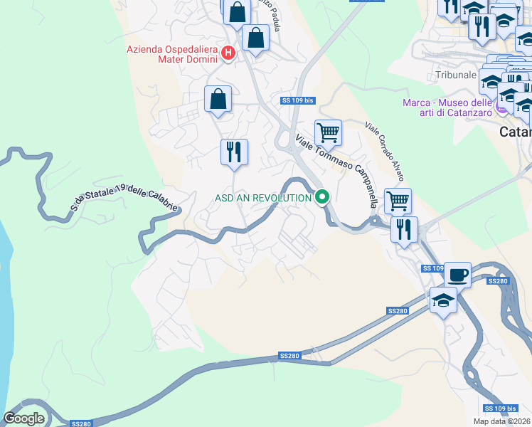 map of restaurants, bars, coffee shops, grocery stores, and more near 4 Viale Barlaam da Seminara in Catanzaro
