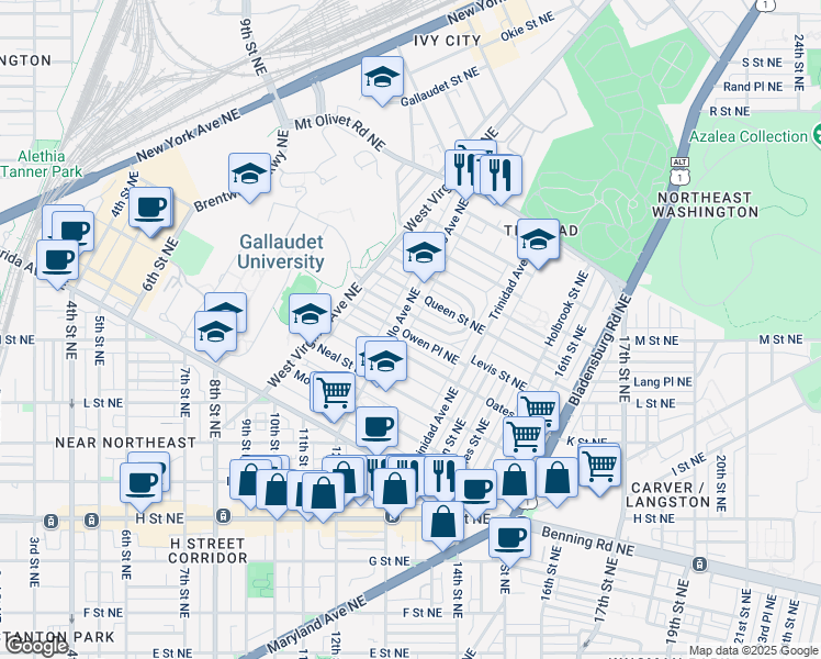 map of restaurants, bars, coffee shops, grocery stores, and more near 1208 Owen Place Northeast in Washington
