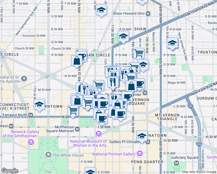 map of restaurants, bars, coffee shops, grocery stores, and more near 1109 M Street Northwest in Washington