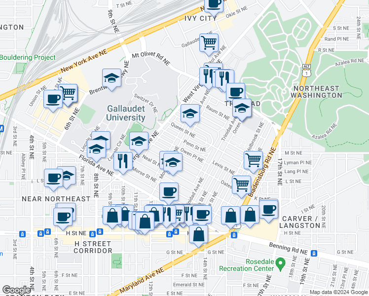 map of restaurants, bars, coffee shops, grocery stores, and more near 1208 Owen Place Northeast in Washington