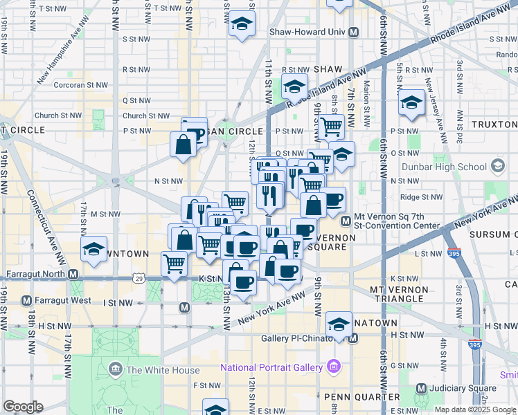 map of restaurants, bars, coffee shops, grocery stores, and more near 1109 M Street Northwest in Washington