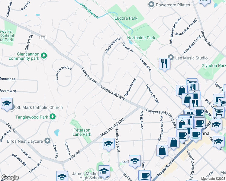 map of restaurants, bars, coffee shops, grocery stores, and more near 312 Blair Court Northwest in Vienna