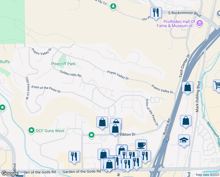 map of restaurants, bars, coffee shops, grocery stores, and more near 550 Autumn Crest Circle in Colorado Springs