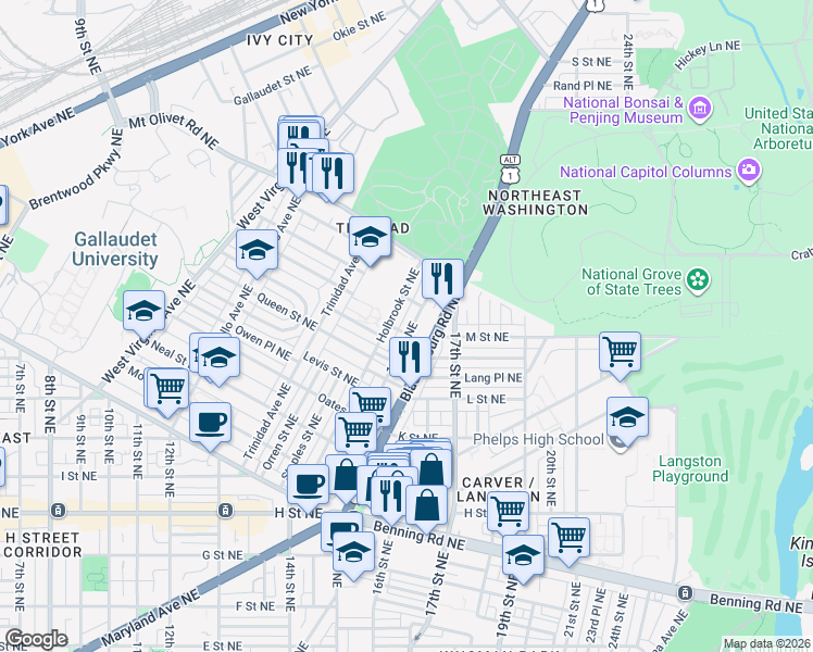 map of restaurants, bars, coffee shops, grocery stores, and more near 101 Independence Avenue Southeast in Washington