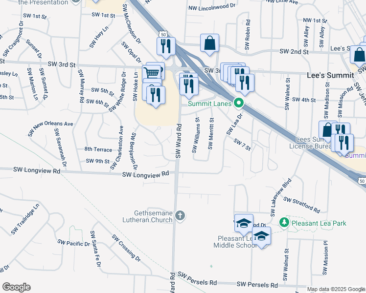 map of restaurants, bars, coffee shops, grocery stores, and more near 701 Southwest Ward Road in Lee's Summit