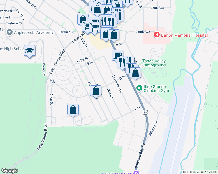 map of restaurants, bars, coffee shops, grocery stores, and more near 1191 Tata Lane in South Lake Tahoe