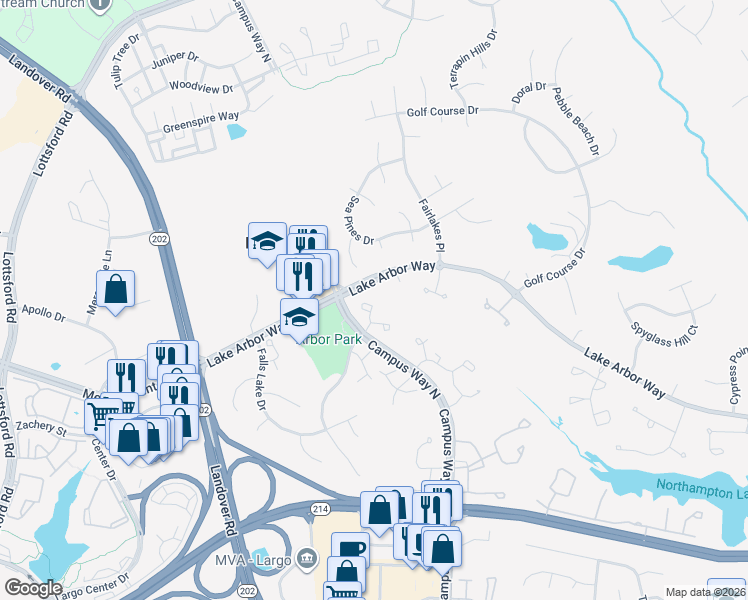 map of restaurants, bars, coffee shops, grocery stores, and more near 1223 Stockport Court in Bowie