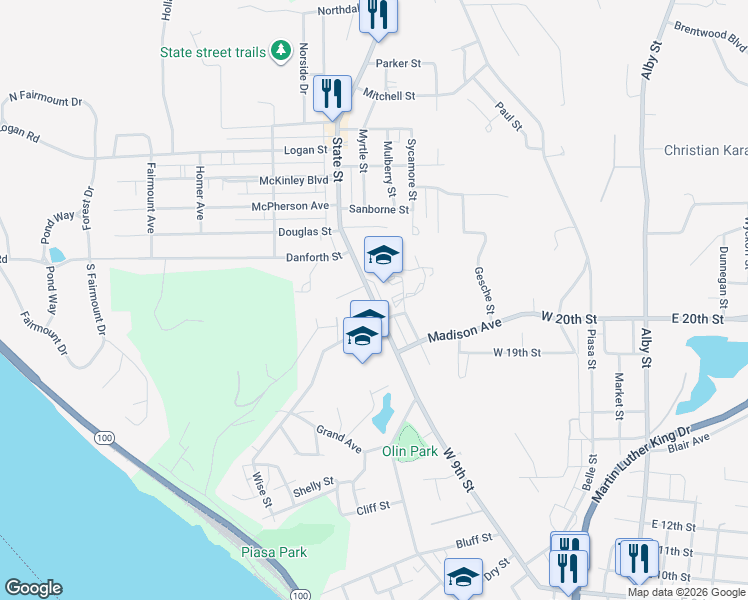 map of restaurants, bars, coffee shops, grocery stores, and more near 1513 State Street in Alton