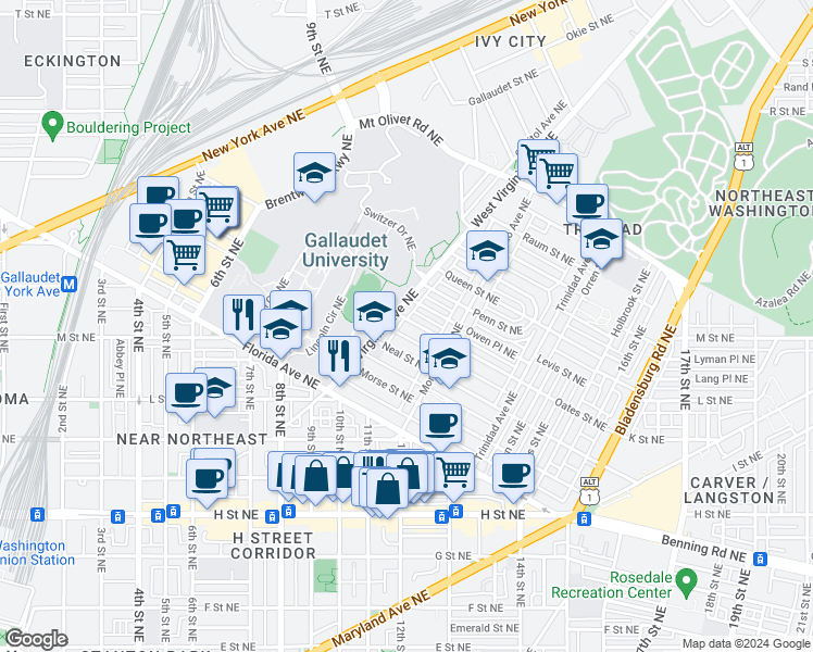 map of restaurants, bars, coffee shops, grocery stores, and more near 1115 Oates Street Northeast in Washington