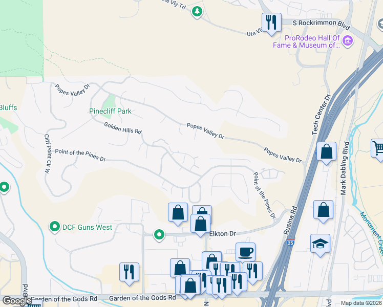 map of restaurants, bars, coffee shops, grocery stores, and more near 550 Autumn Crest Circle in Colorado Springs