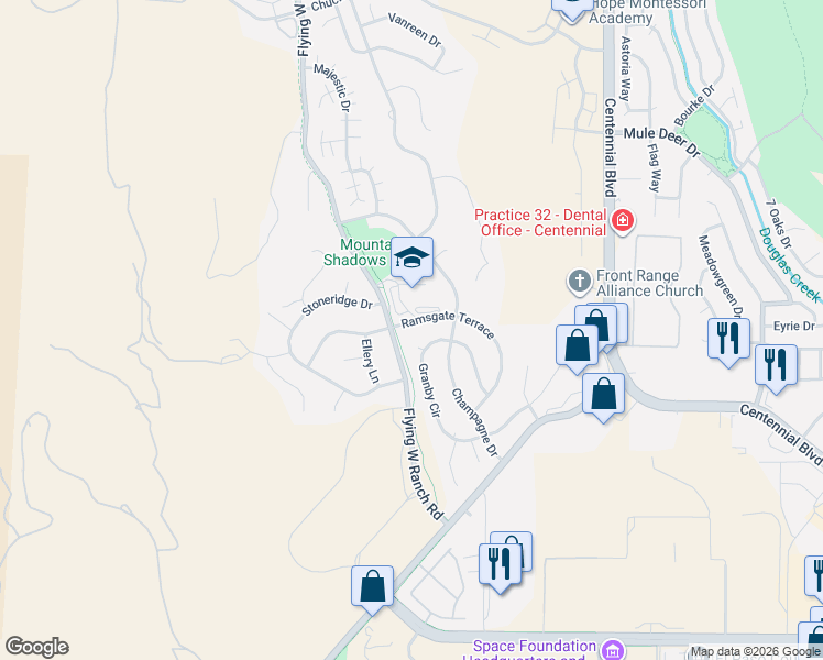 map of restaurants, bars, coffee shops, grocery stores, and more near 5030 Granby Circle in Colorado Springs