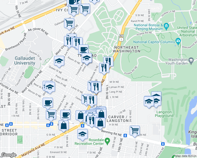 map of restaurants, bars, coffee shops, grocery stores, and more near 101 Independence Avenue Southeast in Washington