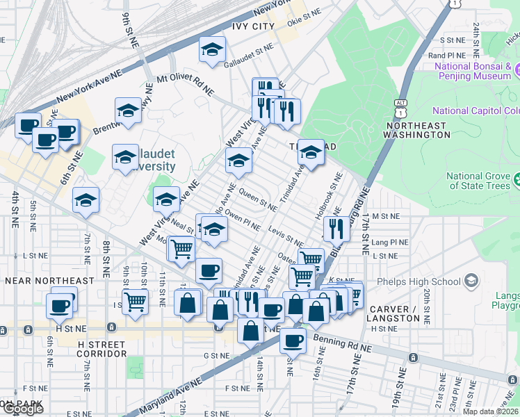 map of restaurants, bars, coffee shops, grocery stores, and more near 1251 Penn Street Northeast in Washington