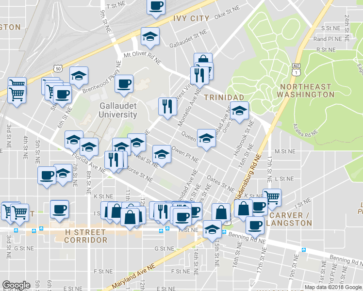 map of restaurants, bars, coffee shops, grocery stores, and more near 101 Independence Avenue Southeast in Washington