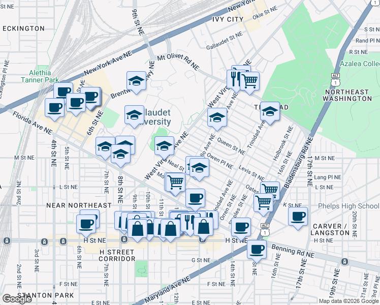 map of restaurants, bars, coffee shops, grocery stores, and more near 101 Independence Avenue Southeast in Washington