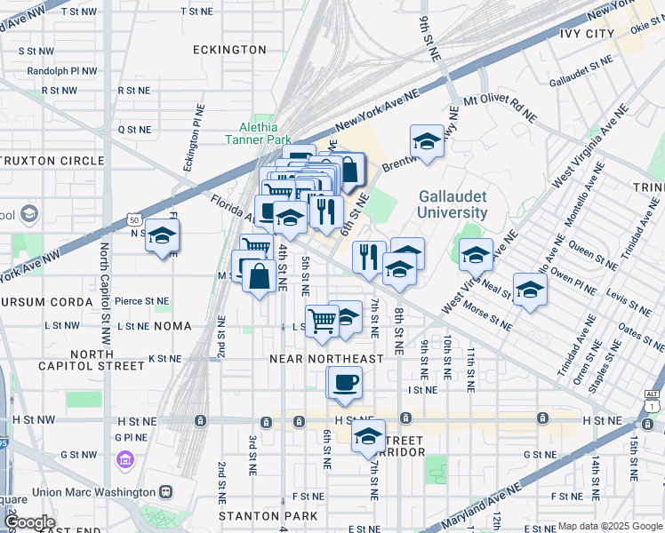 map of restaurants, bars, coffee shops, grocery stores, and more near 101 Independence Avenue Southeast in Washington