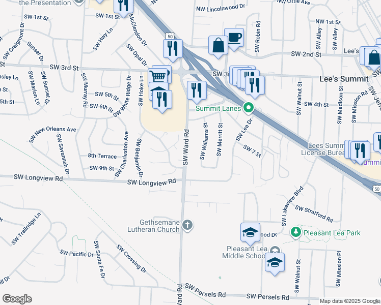 map of restaurants, bars, coffee shops, grocery stores, and more near 701 Southwest Ward Road in Lee's Summit