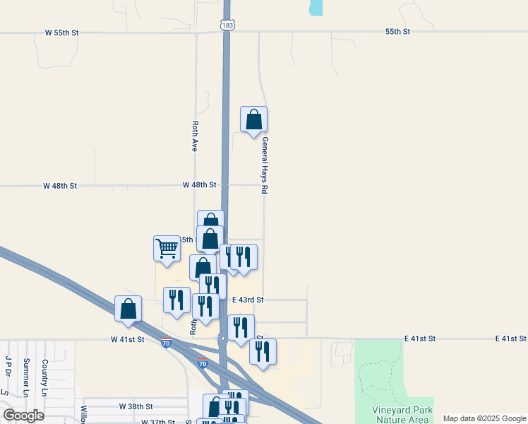 map of restaurants, bars, coffee shops, grocery stores, and more near General Hays Road in Hays