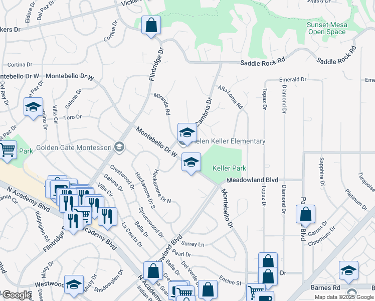 map of restaurants, bars, coffee shops, grocery stores, and more near 3730 Montebello Drive West in Colorado Springs