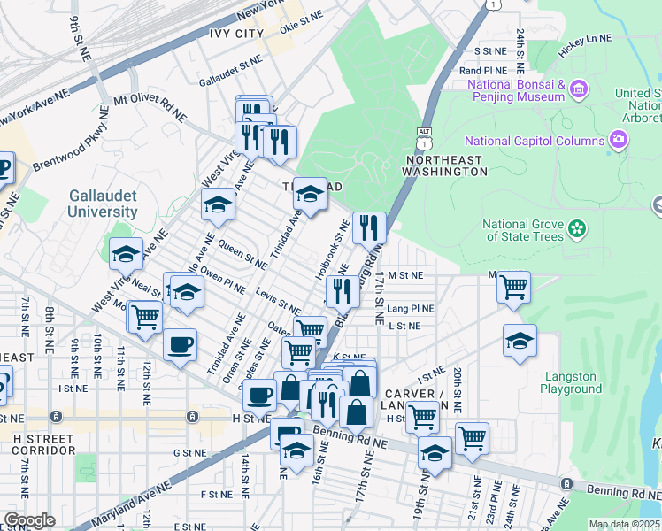 map of restaurants, bars, coffee shops, grocery stores, and more near 1627 Holbrook Street Northeast in Washington