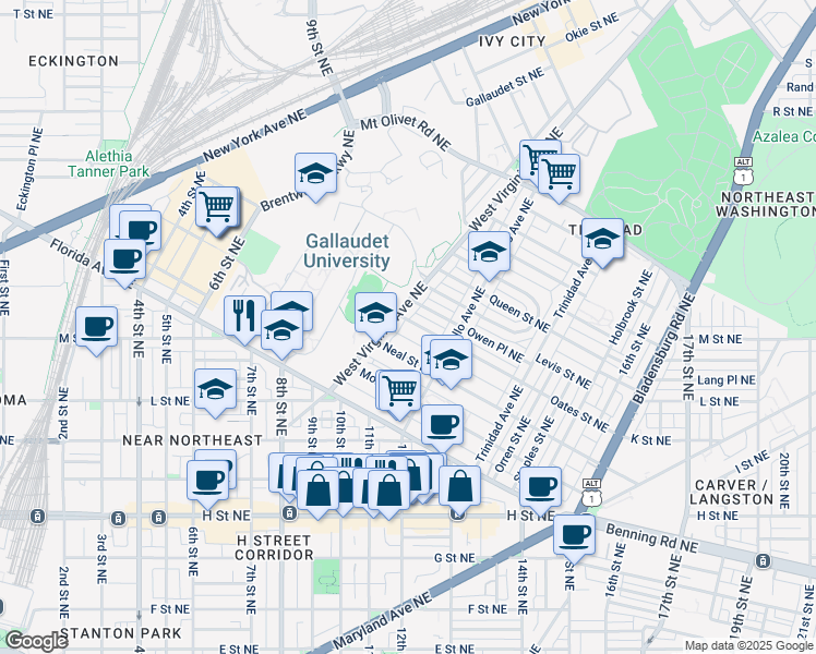 map of restaurants, bars, coffee shops, grocery stores, and more near 1115 Oates Street Northeast in Washington