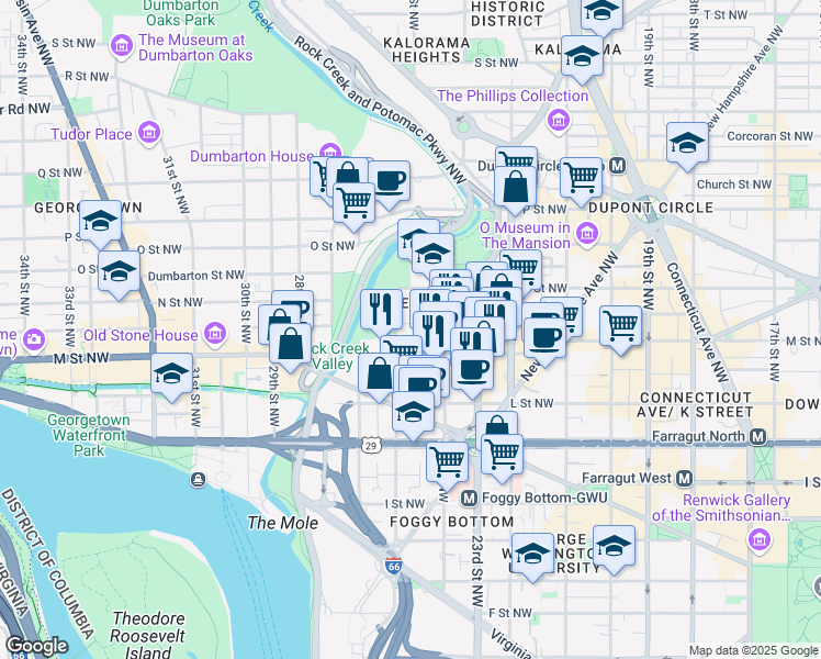 map of restaurants, bars, coffee shops, grocery stores, and more near 1231 25th Street Northwest in Washington