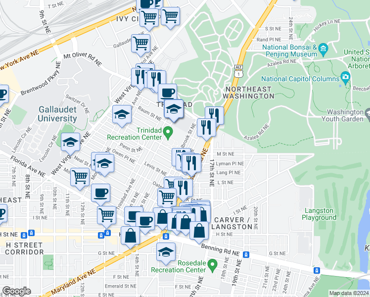 map of restaurants, bars, coffee shops, grocery stores, and more near 1627 Holbrook Street Northeast in Washington