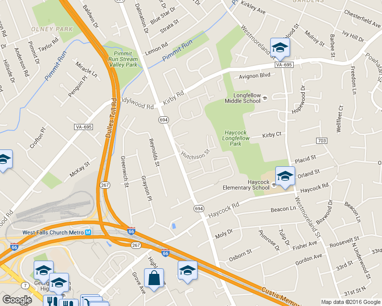 map of restaurants, bars, coffee shops, grocery stores, and more near 6808 Hutchison Street in Falls Church