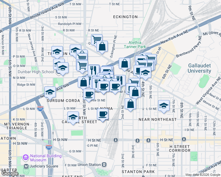 map of restaurants, bars, coffee shops, grocery stores, and more near 1201 1st Street NE in Washington