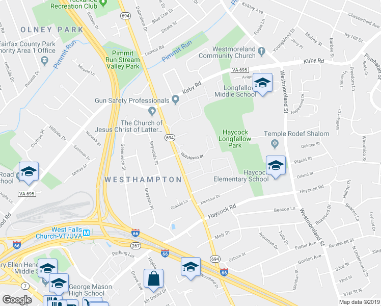 map of restaurants, bars, coffee shops, grocery stores, and more near 6808 Hutchison Street in Falls Church