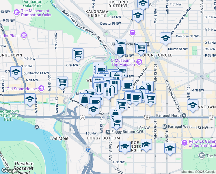 map of restaurants, bars, coffee shops, grocery stores, and more near 1230 23rd Street Northwest in Washington