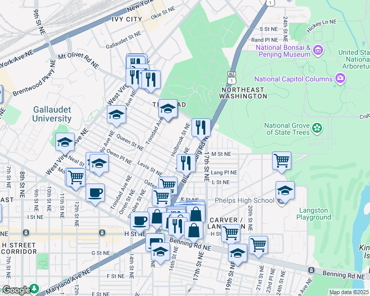 map of restaurants, bars, coffee shops, grocery stores, and more near 101 Independence Avenue Southeast in Washington