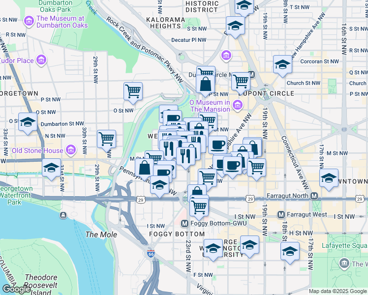 map of restaurants, bars, coffee shops, grocery stores, and more near 1230 23rd Street Northwest in Washington