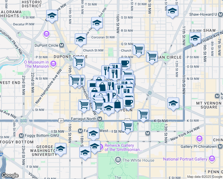 map of restaurants, bars, coffee shops, grocery stores, and more near 1615 M Street Northwest in Washington
