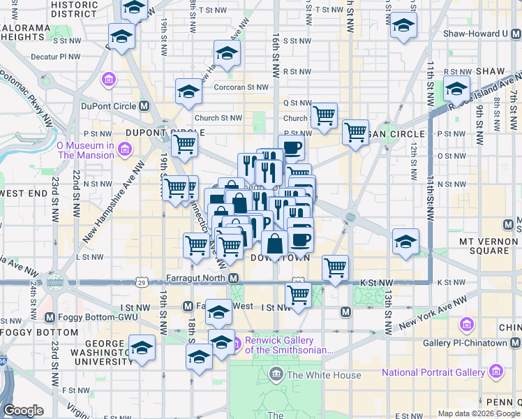 map of restaurants, bars, coffee shops, grocery stores, and more near 1615 M Street Northwest in Washington