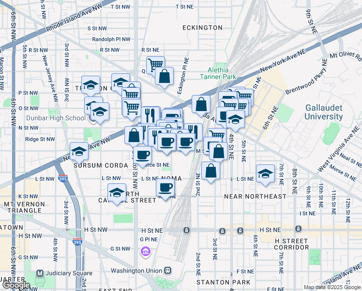 map of restaurants, bars, coffee shops, grocery stores, and more near 130 M Street Northeast in Washington