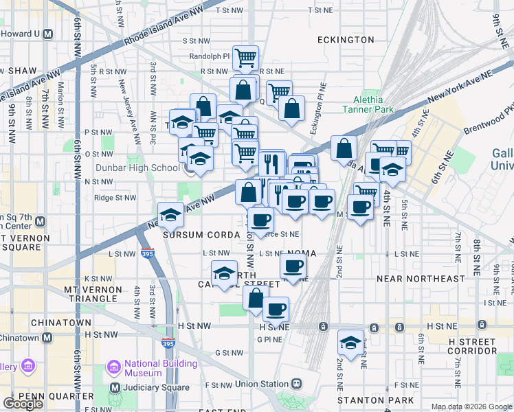 map of restaurants, bars, coffee shops, grocery stores, and more near 2 M Street Northeast in Washington